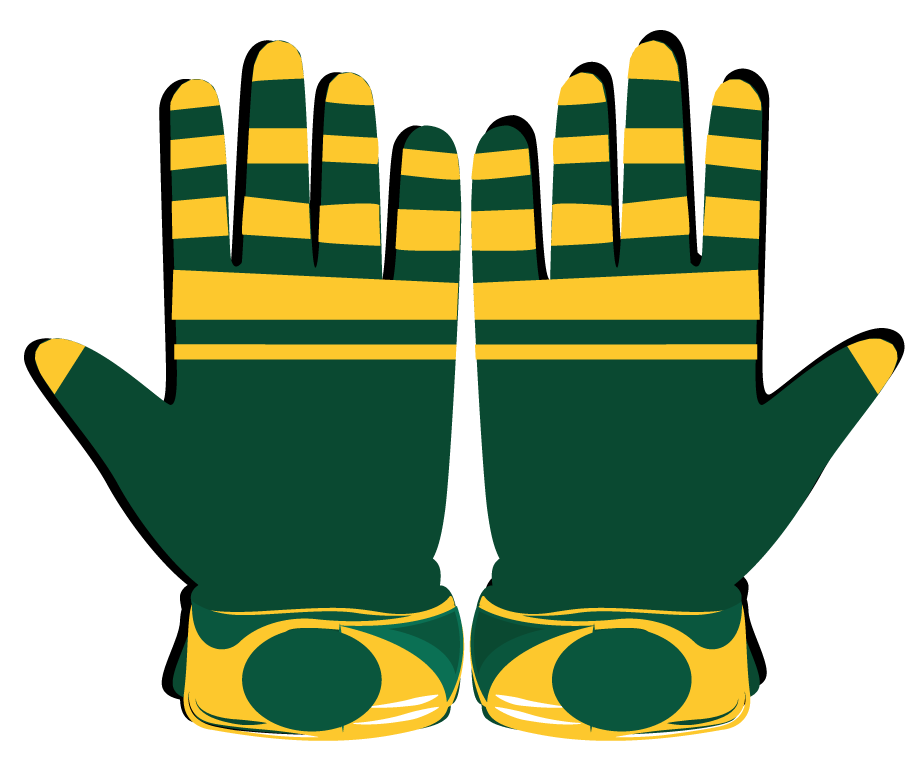 Green and Yellow Stripe Glove with leather front, flexible lycra back, neoprene cuff, and shock-absorbent reinforced stitching for durable athletic performance